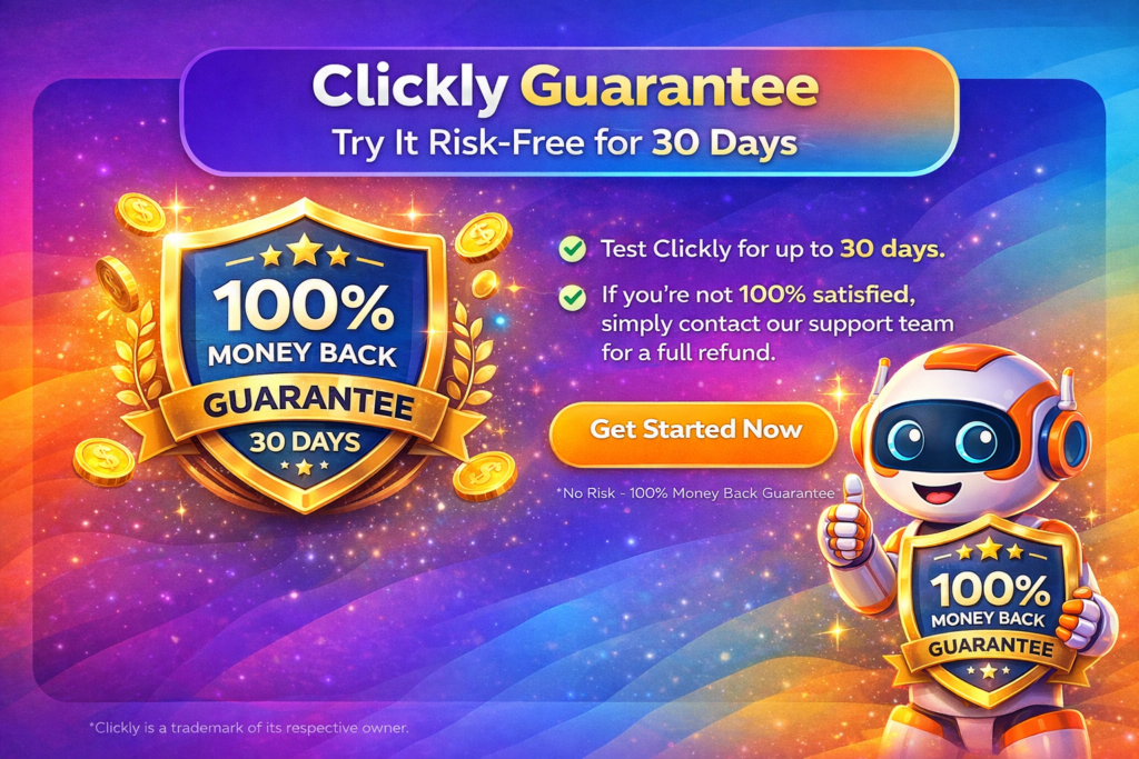 Clickly 30 day money back guarantee risk free trial for AI thumbnail generator