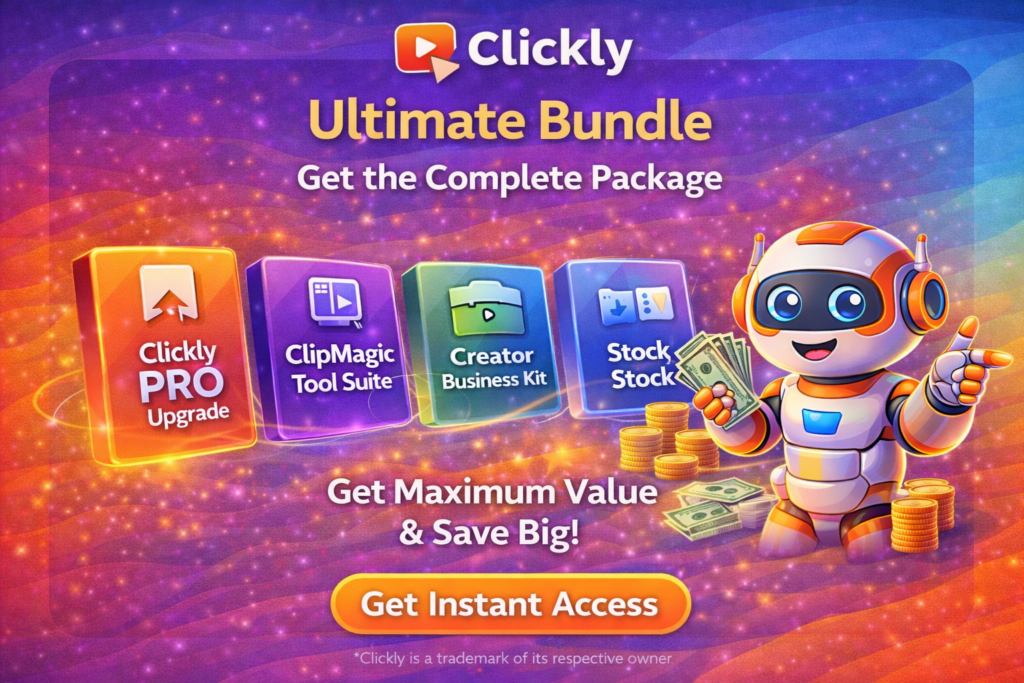 Clickly bundle package showing all in one access to AI thumbnail tool, PRO, ClipMagic and creator business kit