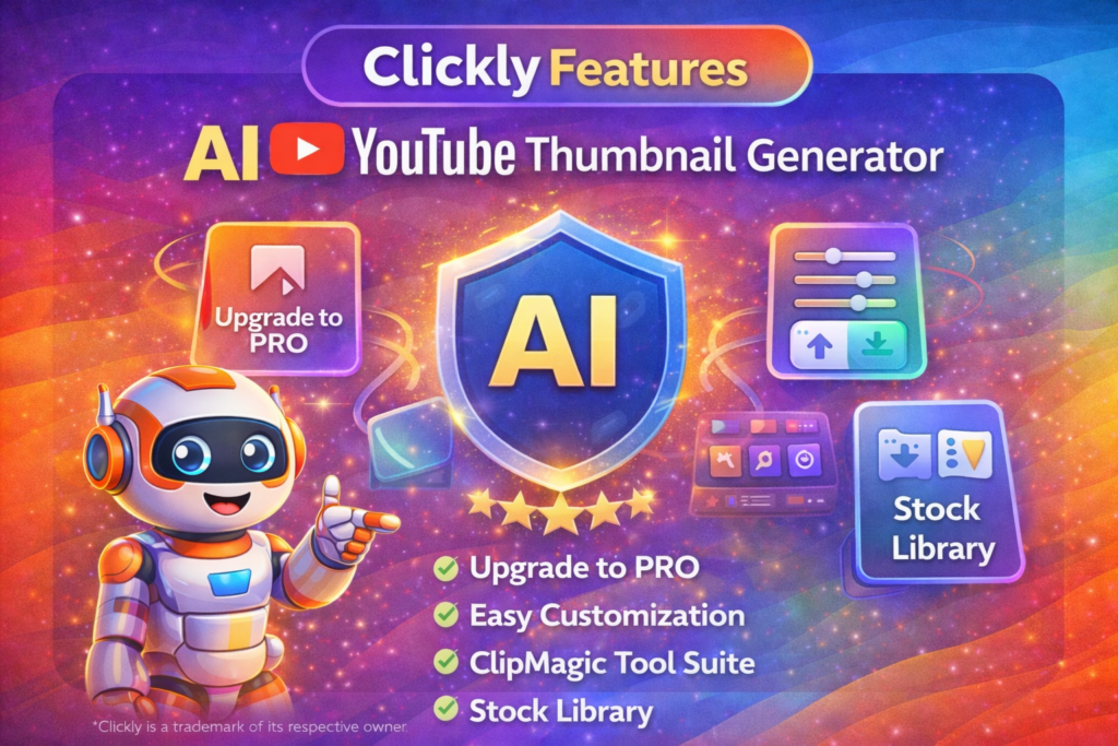 Clickly features overview showing AI thumbnail generator, face cloning, and proven template library