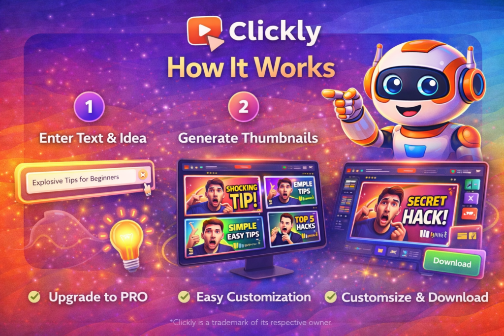 How Clickly works showing step by step AI YouTube thumbnail creation process