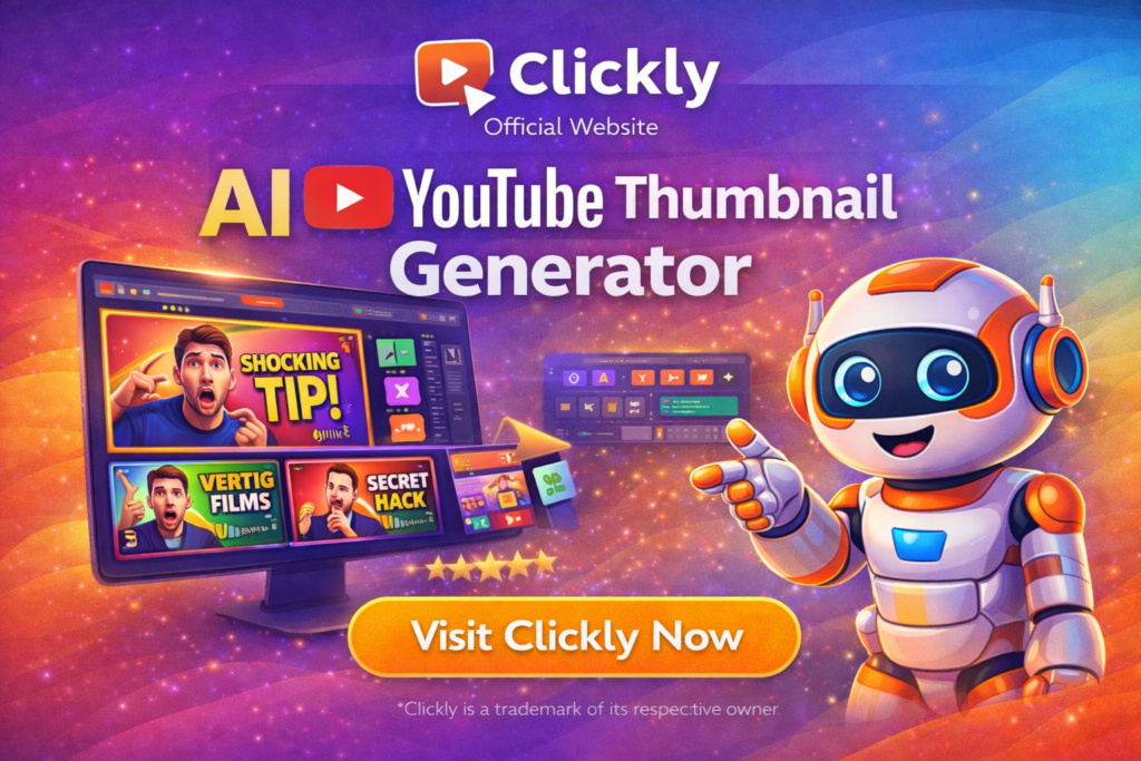 Clickly official website showing AI YouTube thumbnail generator platform and features