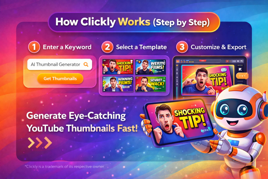 How Clickly works step by step showing AI thumbnail generation process for YouTube